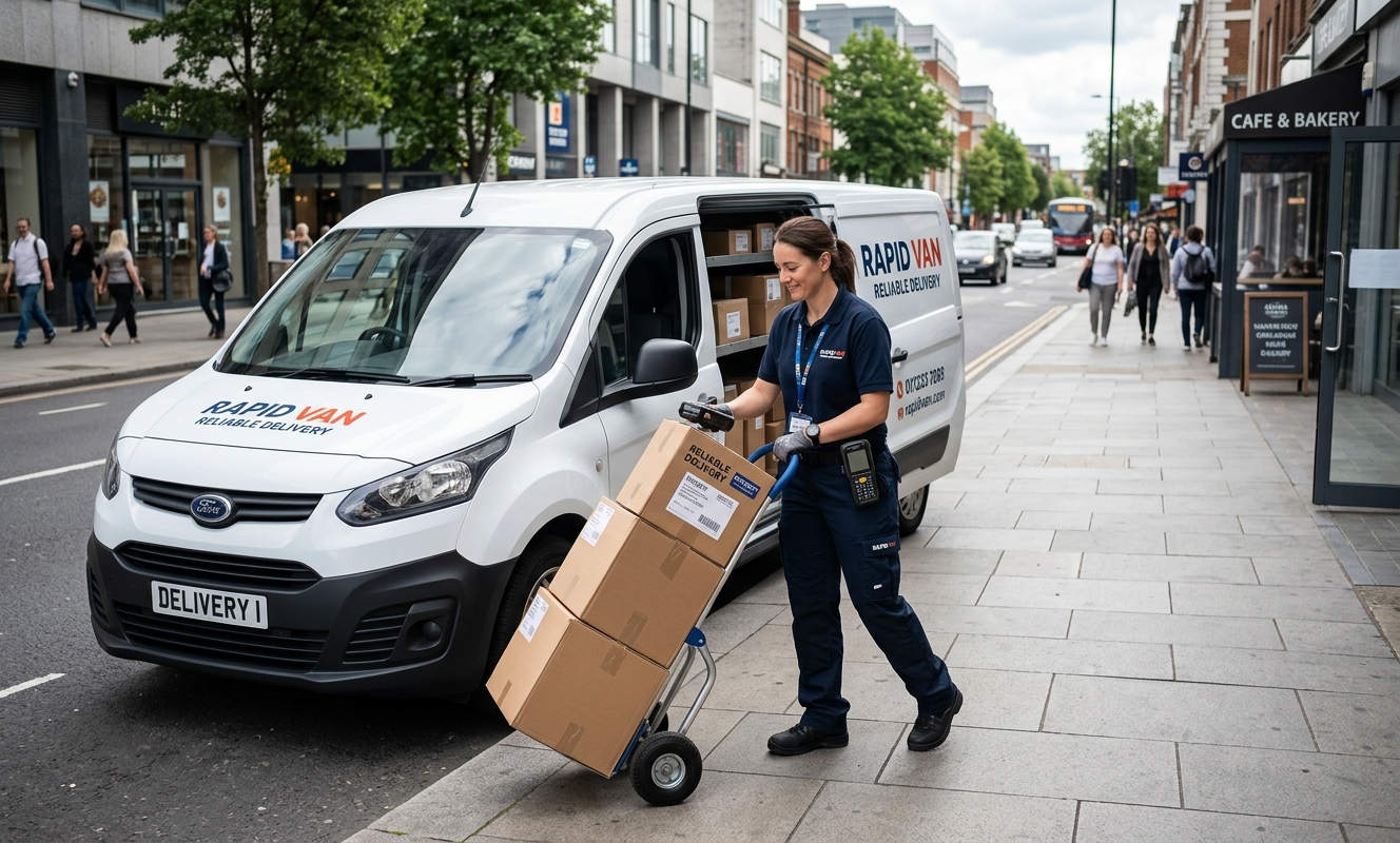 Professional delivery driver unloading packages from a reliable van for timely van delivery services.