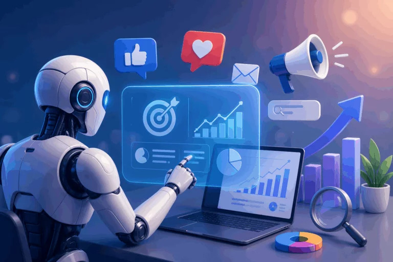 AI dashboard showing social media management tools with automated scheduling, analytics charts, AI content creation, and multi-platform marketing features for businesses in 2026.